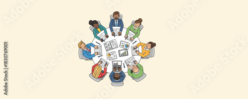 Diverse business people collaborating around a round table filled with documents and charts showing data analysis and creative ideas in an office setting