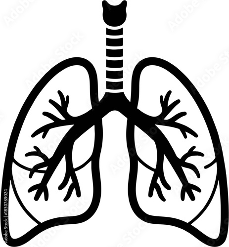 Illustration of the human respiratory system, depicting lungs and trachea in a simple, stylized black and white graphic