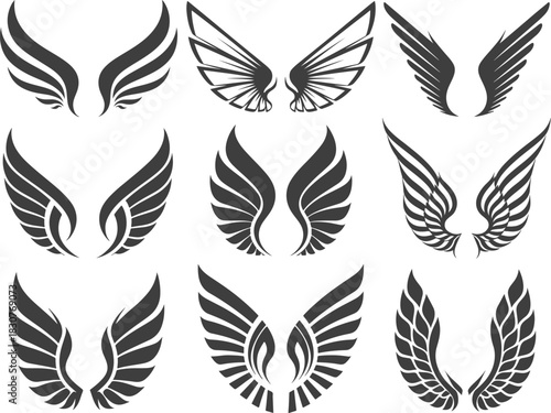 Black and White Stylized Wing Icons, Feather Silhouette Collection for Logos, Tattoos, Emblems, and Graphic Design