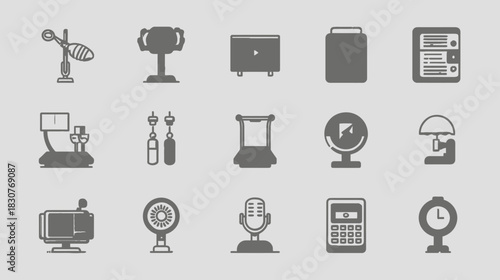 Collection of monochrome icons representing technology, science, measurement tools, and office items on a light gray background