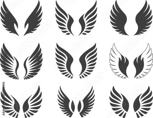 Black and White Stylized Wing Icons, Feather Silhouette Collection for Logos, Tattoos, Emblems, and Graphic Design