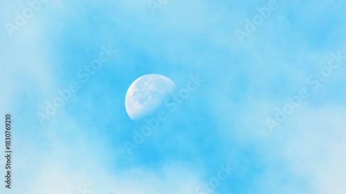 Daylight Moon Partially Covered by Fast Floating Clouds in the Blue Sky. Beautiful Half Moon Visible in the Blue Daytime Sky with Moving Clouds