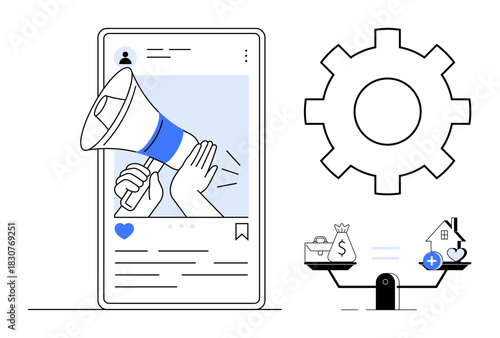 Digital marketing concept. Digital marketing showcased with a smartphone, social media tools, and decision-making icons. Digital marketing strategies for businesses, advertising, e-commerce