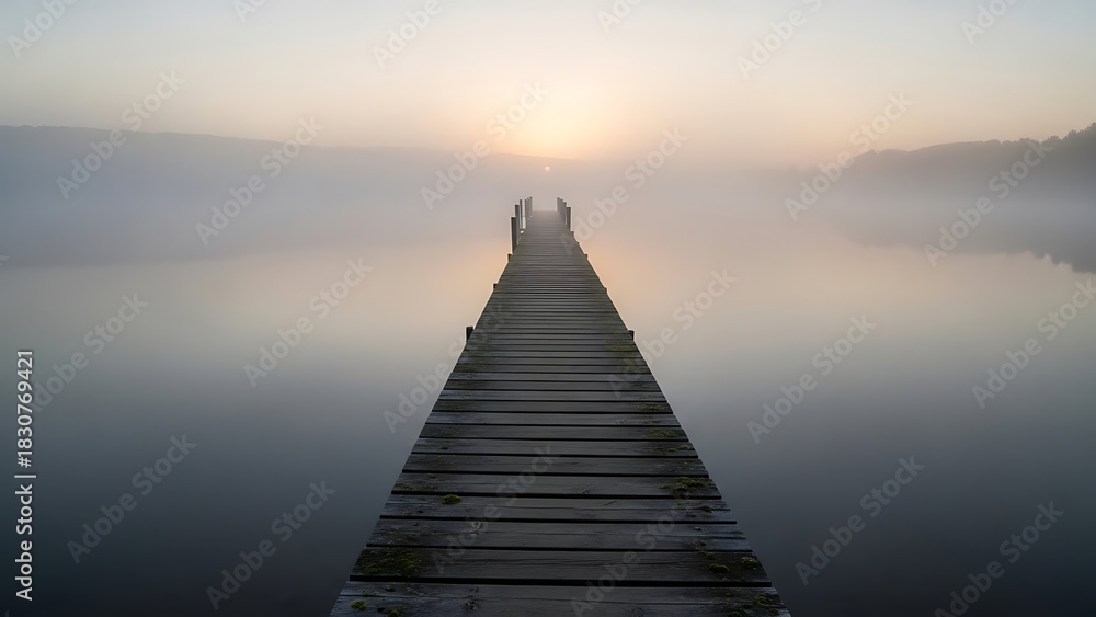 Obraz premium Wooden Pier Extending Over Calm Water into the Fog at Sunrise with the Sun Low in the Sky