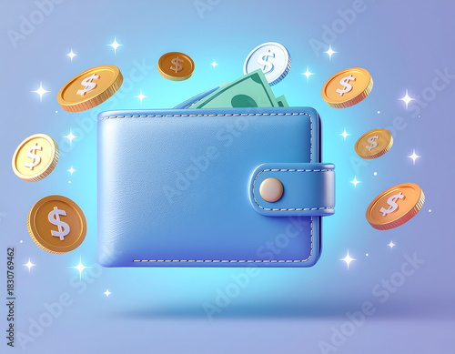 Wallet Surrounded by Floating Coins and Bills, 3D Render