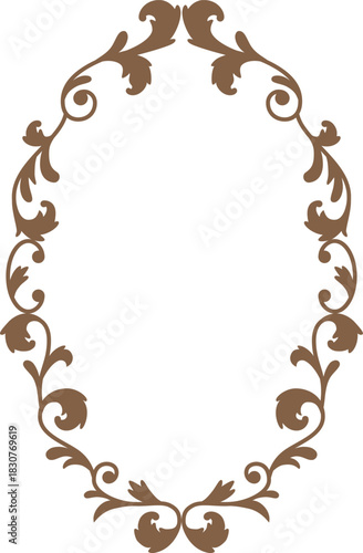 Brown vintage ornate round frame, vector fancy decorative element, oval ornament border, floral art ornament design