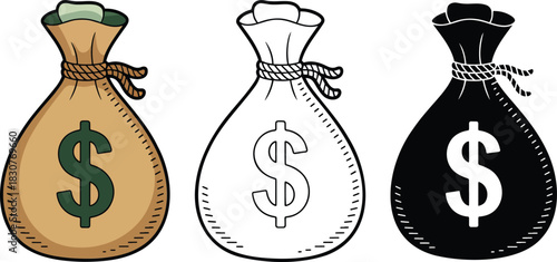 Money bag icon silhouette & Outline and illustration set isolated on transparent background