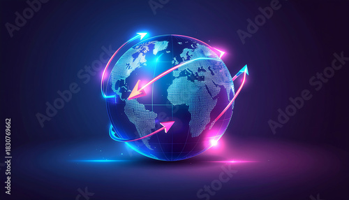 Global Network: Glowing Earth with Arrows