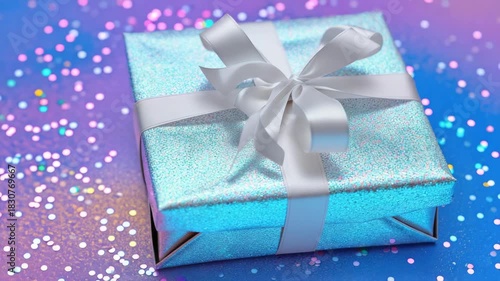 A gift box tied up with a ribbon on top of a colorful background.