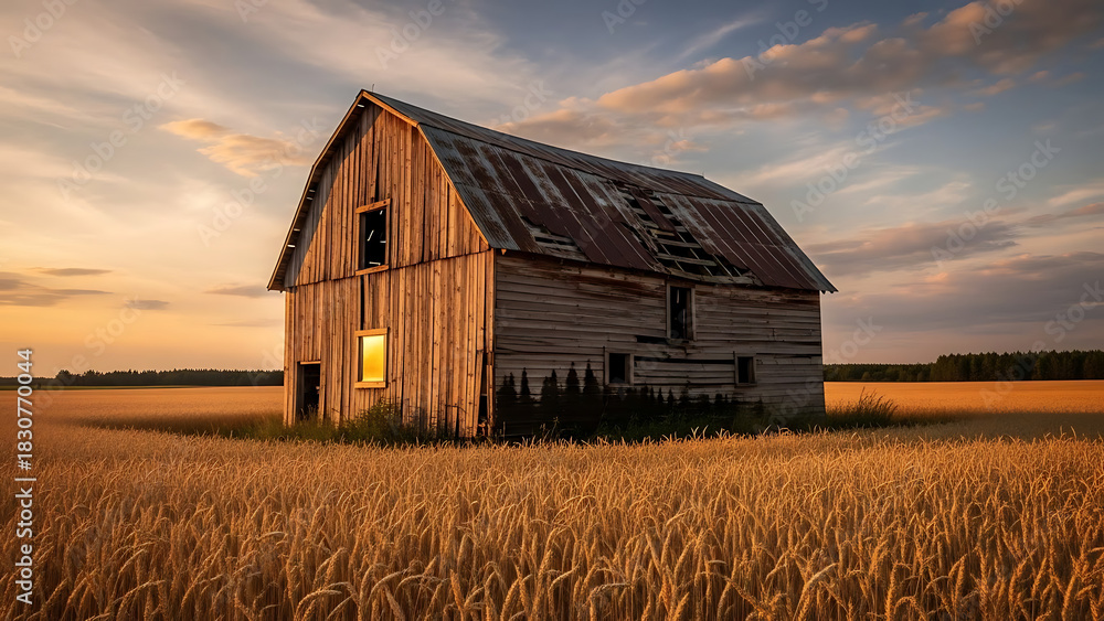 Obraz premium Sunset's Golden Embrace An Old Barn's Serene Presence Amidst a Wheat Field's Majesty