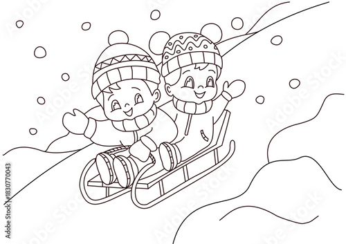 Winter coloring page for children. Children on sledges going down the hill. Funny, adorable coloring for kids.
