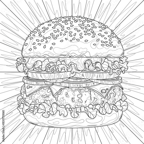 Burger.Coloring book antistress for children and adults. Illustration isolated on white background. Hand draw