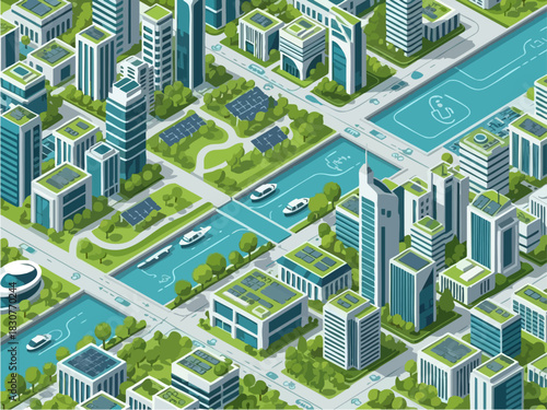 Isometric Green Cityscape with Sustainable Architecture and Waterways.