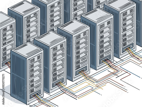 Server Room Illustration - Data Center Infrastructure and Network Connections.