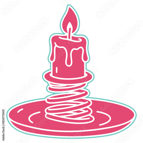 Illustration of a vibrant pink candle with dripping wax and a bright flame resting on a decorative spring pedestal