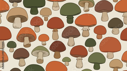 Whimsical mushroom pattern that is perfect for fabric design, wallpaper, or a retro kitchen theme with earthy tones and a vintage vibe for a cozy feel