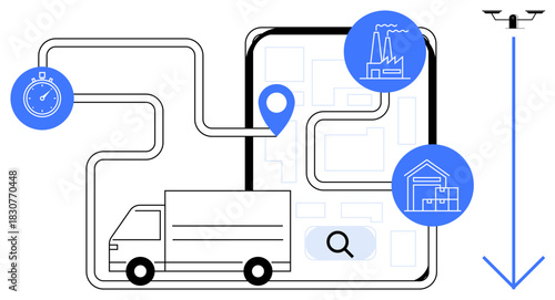 Logistics system showcasing truck route on map, locations for factory, warehouse, clock for time tracking, and quadcopter delivery. Ideal for efficiency, supply chain, technology, transportation