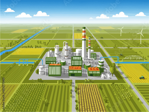 Industrial Plant Complex Surrounded by Agricultural Fields and Wind Turbines.