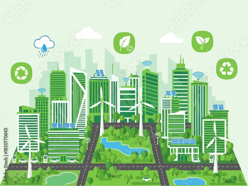 Green Cityscape with Renewable Energy and Sustainable Infrastructure.
