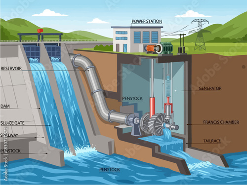 Diagram of a hydroelectric power plant with labeled components.