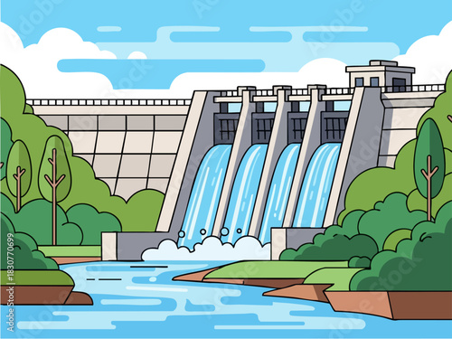 Hydroelectric Dam with Water Flowing Through Gates.
