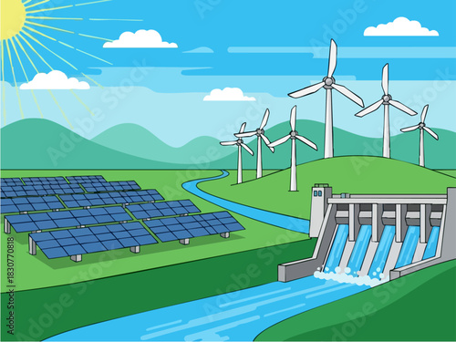 Renewable Energy Sources - Solar Panels, Wind Turbines, and Hydroelectric Dam.