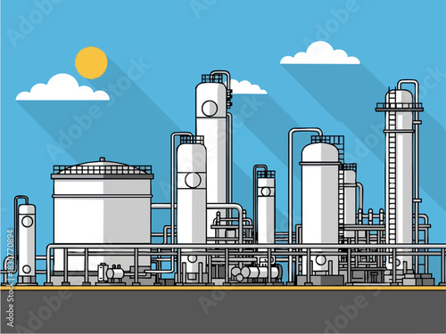 Detailed Illustration of an Industrial Oil Refinery Plant Complex.