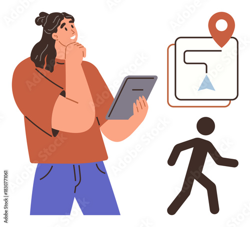 Woman holding tablet, analyzing navigation route with map marker, walking figure for movement. Ideal for travel, navigation, exploration, wayfinding, decision-making planning simplicity. Simple