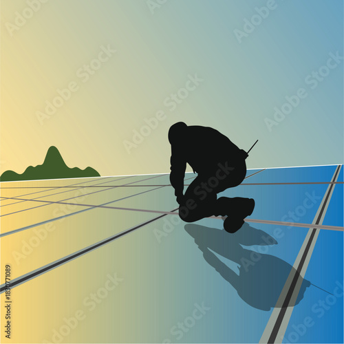 Green energy is harnessed by solar panel , silhouette of engineer working on solar panel against the blue sky at sunset vector illustration.	
