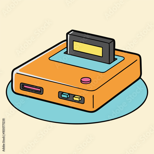 A vibrant orange retro video game console with a black cartridge inserted, sitting on a light blue circular mat.