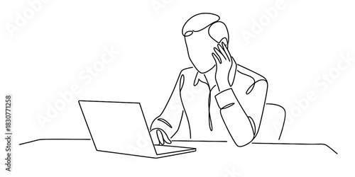 Continuous line drawing of a person working on a laptop at a desk, depicting focused concentration and deep thought, minimalist line art illustration Vector, illustration