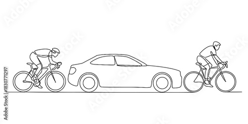 Continuous line art drawing of a car and two cyclists on a white background, representing modern urban transportation and active lifestyle. Vector, illustration