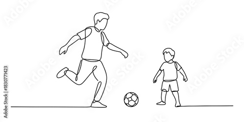 Continuous line drawing of a father and son playing soccer, bonding over sports, sharing a joyful moment and activity together. Vector, illustration