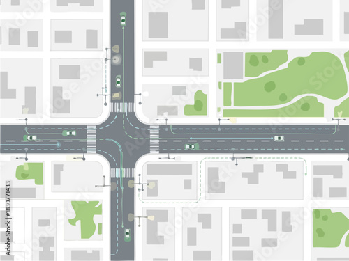 City Intersection Aerial View with Cars and Green Spaces.