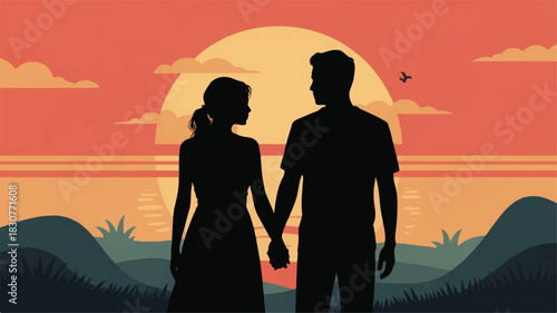 Couple holding hands at sunset over rolling hills love