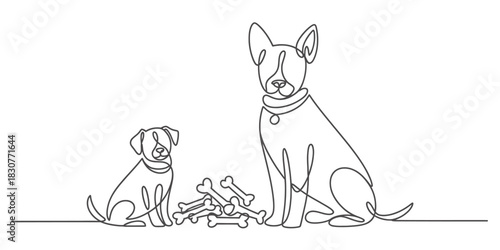 Continuous one line drawing of two dogs, an adult and a puppy, sitting together with a pile of bones. minimalist pet illustration. Vector, illustration