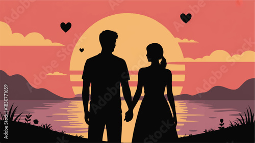 Couple holding hands with hearts at sunset over water