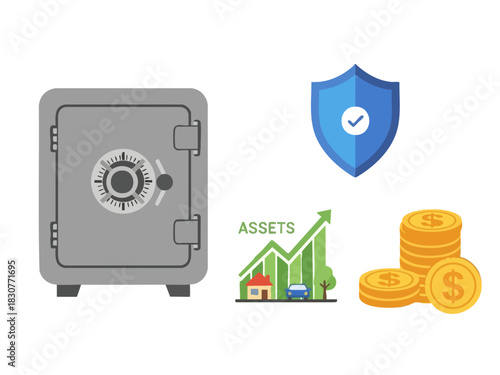Financial Security and Asset Protection - Safe, Shield, Growth Chart, and Coins.