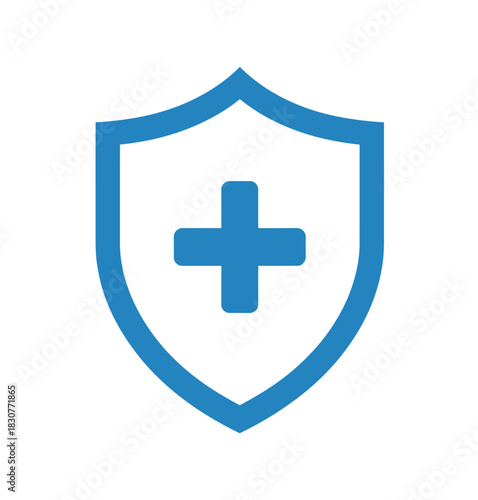 A blue shield with a white plus sign inside symbolizes health and safety.
