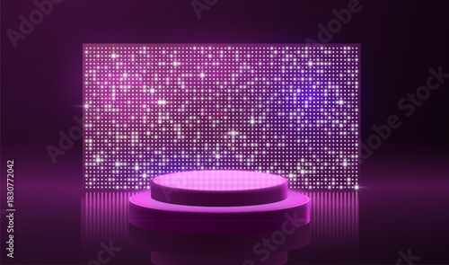 A round podium with a bright purple LED screen with a reflective effect.
