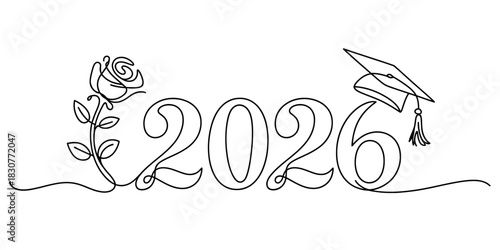 Graduation year 2026 elegant single line art drawing with a blooming rose and academic cap representing achievement and future studies Vector, illustration