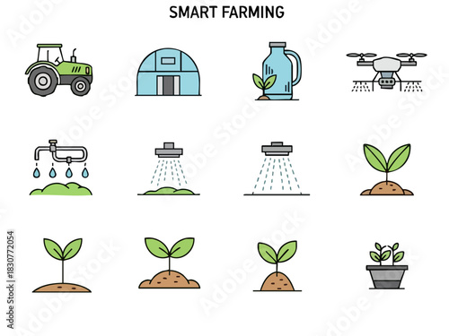 Smart Farming Icons - Tractor, Greenhouse, Jug, Drone, Irrigation, and Plants.