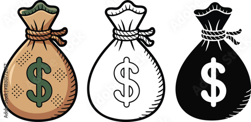 Money bag icon silhouette & Outline and illustration set isolated on transparent background