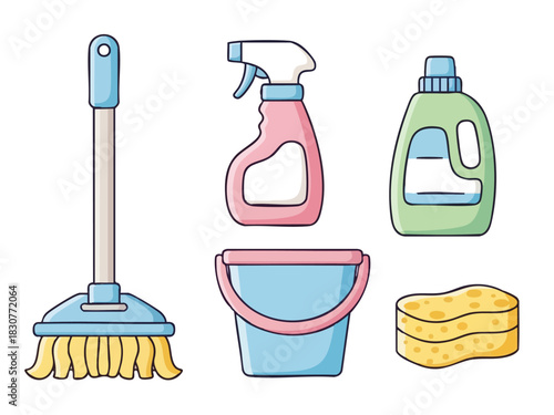 Cleaning Supplies Set - Mop, Spray Bottle, Detergent, Bucket, and Sponge.
