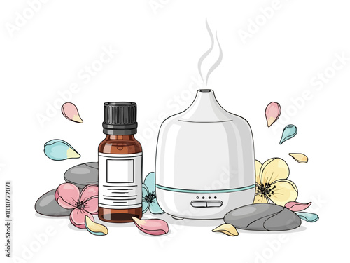 Aromatherapy diffuser with essential oil bottle and flower petals.