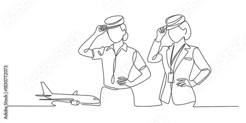 Continuous line drawing of airline crew members with an airplane, representing travel, aviation careers, and professional service Vector, illustration