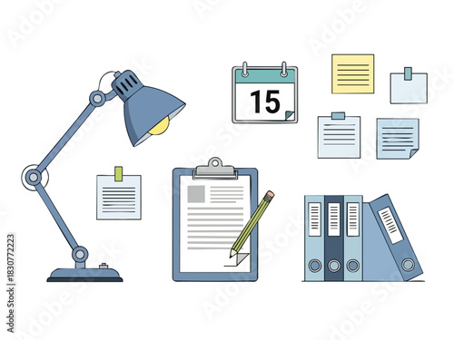 Office Desk Essentials - Lamp, Calendar, Notes, Clipboard, Pencil, and Binders.