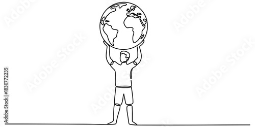Minimalist continuous line drawing of a person lifting the earth globe, symbolizing global responsibility, environmental care and future. Vector, illustration