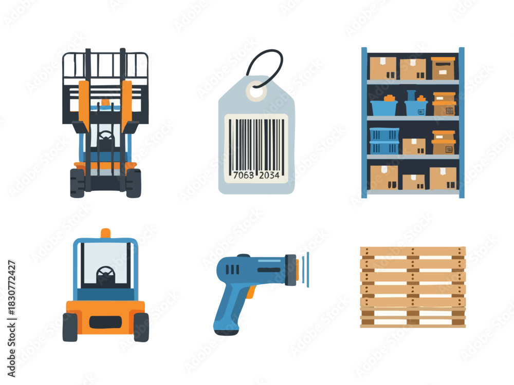 Fototapeta premium Warehouse Equipment - Forklifts, Barcode Tag, Shelves, Scanner, and Pallet.