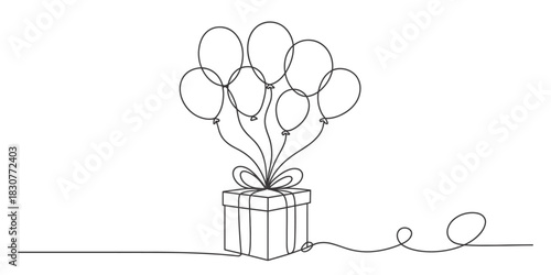 Continuous one line drawing of a festive gift box with a bow and a cluster of balloons, symbolizing celebration and surprise. Vector, illustration
